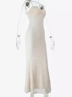 Robe longue en dentelle esthétique pour femme - Robe moulante froncée abricot - Tenue d'invitée aux mariages d'été 2026