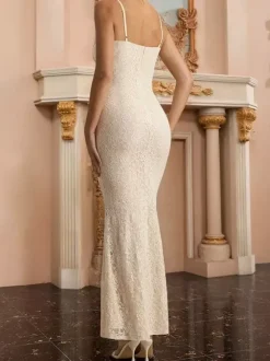Robe longue en dentelle esthétique pour femme - Robe moulante froncée abricot - Tenue d'invitée aux mariages d'été 2026