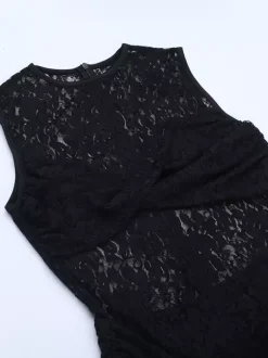 Robe longue en dentelle florale transparente pour femme - Robe moulante noire gothique sans manches - Tenue de soirée d'été 2026