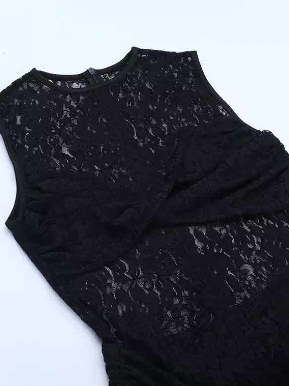 Robe longue en dentelle florale transparente pour femme - Robe moulante noire gothique sans manches - Tenue de soirée d'été 2026