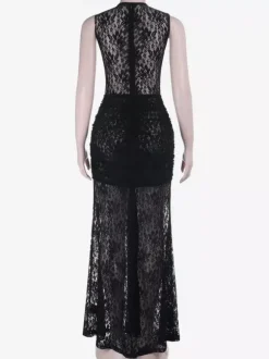 Robe longue en dentelle florale transparente pour femme - Robe moulante noire gothique sans manches - Tenue de soirée d'été 2026