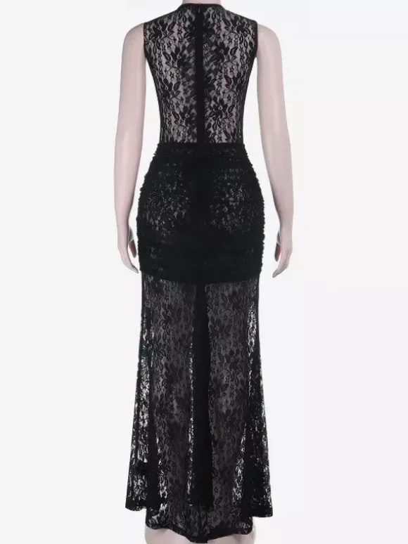 Robe longue en dentelle florale transparente pour femme - Robe moulante noire gothique sans manches - Tenue de soirée d'été 2026