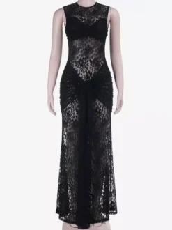 Robe longue en dentelle florale transparente pour femme - Robe moulante noire gothique sans manches - Tenue de soirée d'été 2026