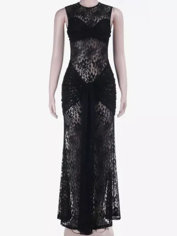 Robe longue en dentelle florale transparente pour femme - Robe moulante noire gothique sans manches - Tenue de soirée d'été 2026