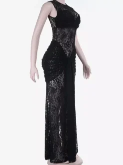 Robe longue en dentelle florale transparente pour femme - Robe moulante noire gothique sans manches - Tenue de soirée d'été 2026