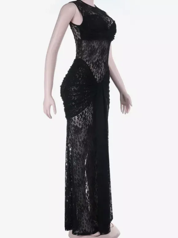 Robe longue en dentelle florale transparente pour femme - Robe moulante noire gothique sans manches - Tenue de soirée d'été 2026