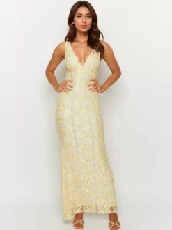 Robe longue en dentelle sans manches décolleté en V profond et dos nu été 2026
