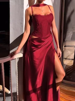 Robe longue en dentelle style corset pour femme - Robe moulante drapée et froncée - Tenues de soirée printanières 2026