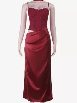 Robe longue en dentelle style corset pour femme - Robe moulante drapée et froncée - Tenues de soirée printanières 2026