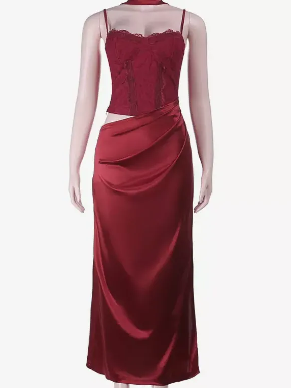 Robe longue en dentelle style corset pour femme - Robe moulante drapée et froncée - Tenues de soirée printanières 2026