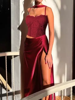 Robe longue en dentelle style corset pour femme - Robe moulante drapée et froncée - Tenues de soirée printanières 2026