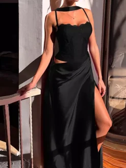 Robe longue en dentelle style corset pour femme - Robe moulante drapée et froncée - Tenues de soirée printanières 2026