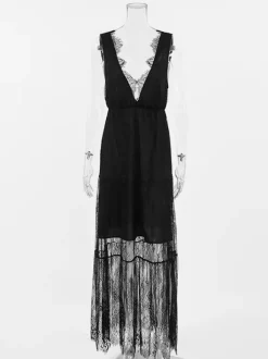Robe longue en dentelle à volants et bordure cils pour femme - Robe d'été sexy à décolleté plongeant en V sans manches et à volants transparents - Idéale pour les fêtes d'été à la plage 2026