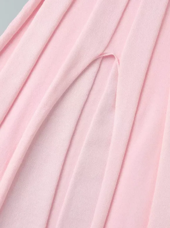 Robe longue en maille rose pâle à col V pour femme style élégant au quotidien