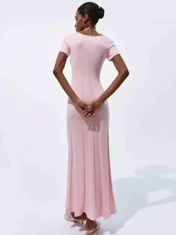 Robe longue en maille rose pâle à col V pour femme style élégant au quotidien
