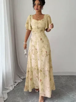 Robe longue en mousseline imprimée papillons pour femme - Buste froncé manches papillon - Idéale pour une soirée romantique ou un mariage d'été au jardin (collection 2026)