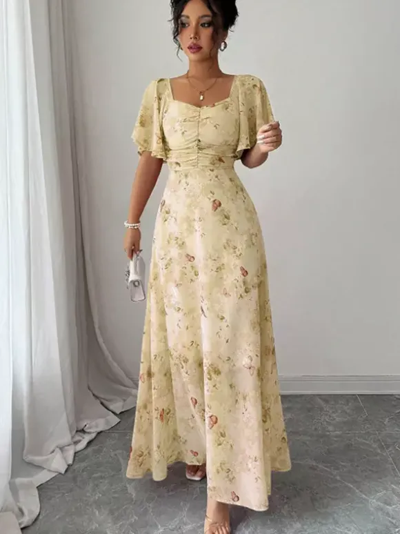 Robe longue en mousseline imprimée papillons pour femme - Buste froncé manches papillon - Idéale pour une soirée romantique ou un mariage d'été au jardin (collection 2026)