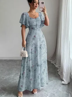 Robe longue en mousseline imprimée papillons pour femme - Buste froncé manches papillon - Idéale pour une soirée romantique ou un mariage d'été au jardin (collection 2026)