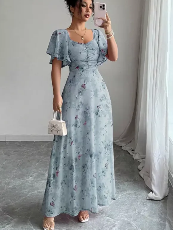 Robe longue en mousseline imprimée papillons pour femme - Buste froncé manches papillon - Idéale pour une soirée romantique ou un mariage d'été au jardin (collection 2026)