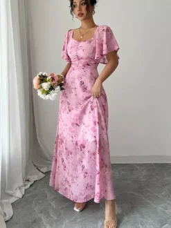 Robe longue en mousseline imprimée papillons pour femme - Buste froncé manches papillon - Idéale pour une soirée romantique ou un mariage d'été au jardin (collection 2026)