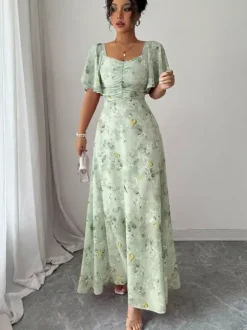 Robe longue en mousseline imprimée papillons pour femme - Buste froncé manches papillon - Idéale pour une soirée romantique ou un mariage d'été au jardin (collection 2026)