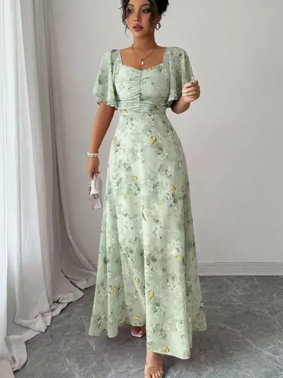 Robe longue en mousseline imprimée papillons pour femme - Buste froncé manches papillon - Idéale pour une soirée romantique ou un mariage d'été au jardin (collection 2026)