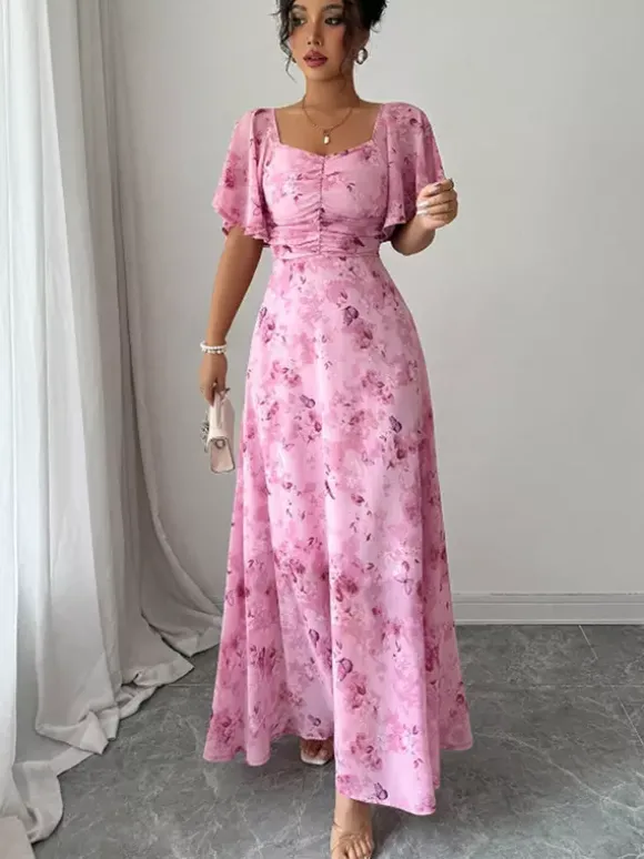 Robe longue en mousseline imprimée papillons pour femme - Buste froncé manches papillon - Idéale pour une soirée romantique ou un mariage d'été au jardin (collection 2026)