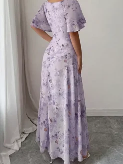 Robe longue en mousseline imprimée papillons pour femme - Buste froncé manches papillon - Idéale pour une soirée romantique ou un mariage d'été au jardin (collection 2026)