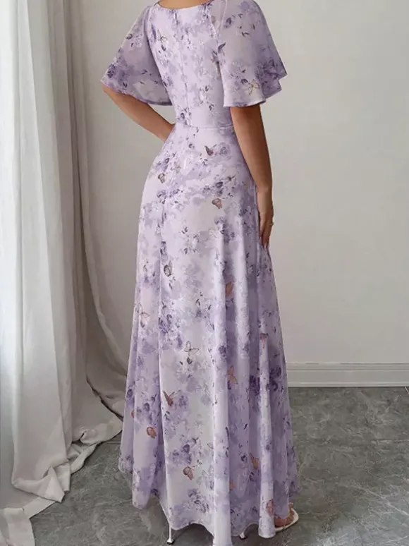 Robe longue en mousseline imprimée papillons pour femme - Buste froncé manches papillon - Idéale pour une soirée romantique ou un mariage d'été au jardin (collection 2026)