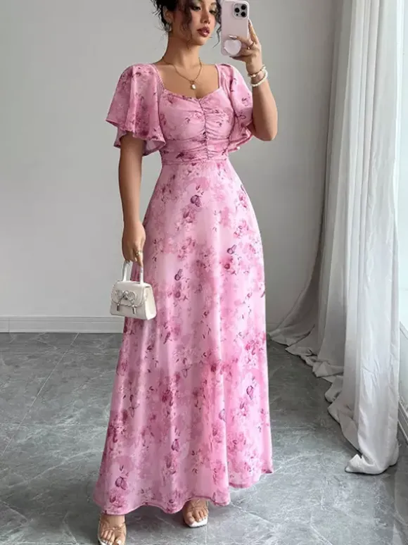 Robe longue en mousseline imprimée papillons pour femme - Buste froncé manches papillon - Idéale pour une soirée romantique ou un mariage d'été au jardin (collection 2026)