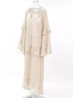 Robe longue en mousseline transparente pour femme - Style bohème kaki manches évasées à volants col en V coupe fluide - Collection printemps-été décontractée 2026