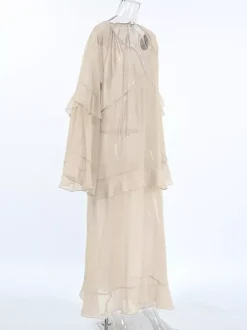 Robe longue en mousseline transparente pour femme - Style bohème kaki manches évasées à volants col en V coupe fluide - Collection printemps-été décontractée 2026