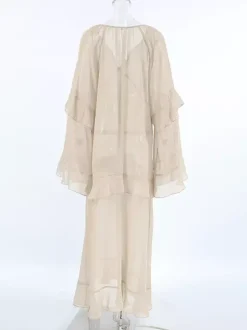 Robe longue en mousseline transparente pour femme - Style bohème kaki manches évasées à volants col en V coupe fluide - Collection printemps-été décontractée 2026