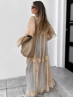 Robe longue en mousseline transparente pour femme - Style bohème kaki manches évasées à volants col en V coupe fluide - Collection printemps-été décontractée 2026