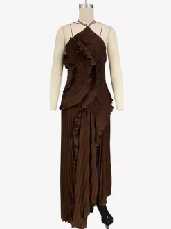 Robe longue en mousseline à volants et col licou avec ourlet irrégulier pour événements spéciaux 2026