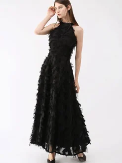 Robe longue en plumes Halter sans manches A-Line Robes de bal élégantes
