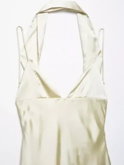 Robe longue en satin blanc crème à col halter pour femme style élégant et formel