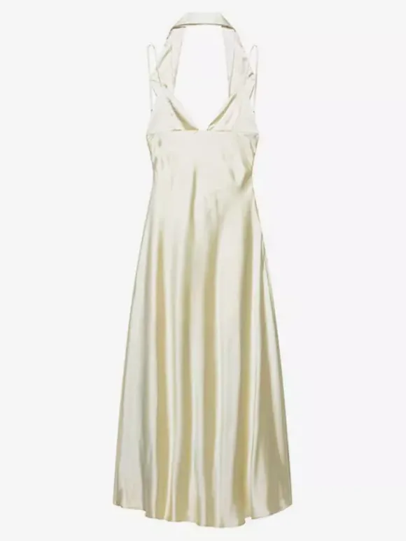 Robe longue en satin blanc crème à col halter pour femme style élégant et formel