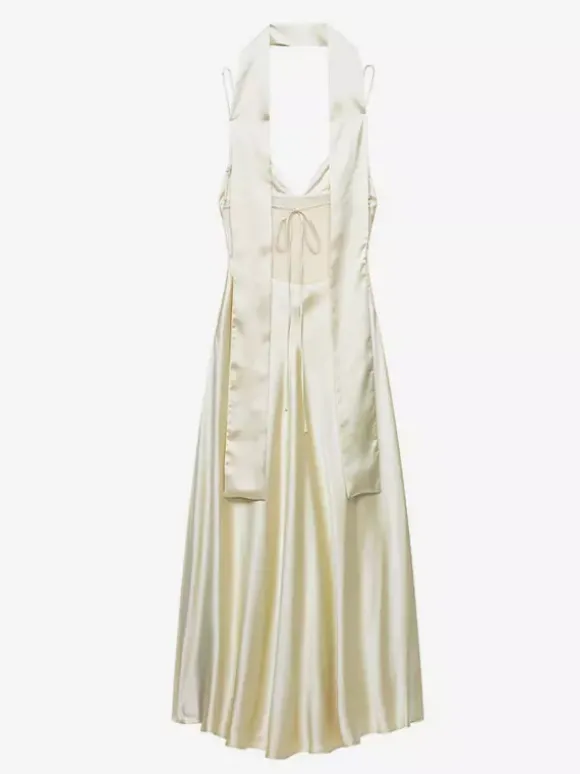 Robe longue en satin blanc crème à col halter pour femme style élégant et formel