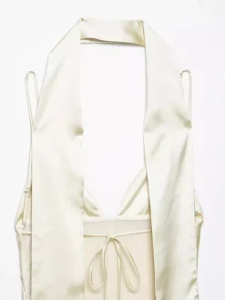 Robe longue en satin blanc crème à col halter pour femme style élégant et formel