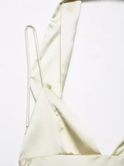 Robe longue en satin blanc crème à col halter pour femme style élégant et formel