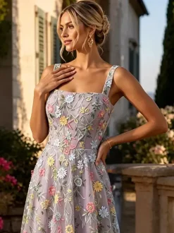 Robe longue en tulle brodée de fleurs bretelles spaghetti carrées coupe trapèze idéale pour une invitée de mariage ou une cérémonie.