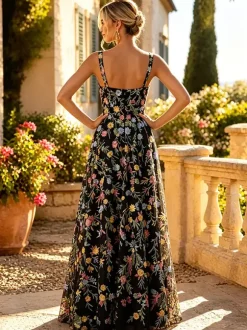 Robe longue en tulle brodée de fleurs bretelles spaghetti carrées coupe trapèze idéale pour une invitée de mariage ou une cérémonie.