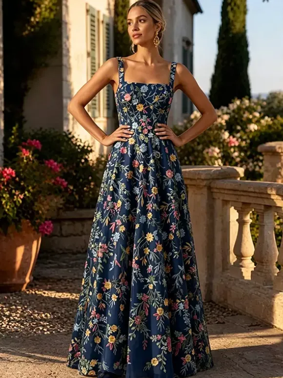 Robe longue en tulle brodée de fleurs bretelles spaghetti carrées coupe trapèze idéale pour une invitée de mariage ou une cérémonie.