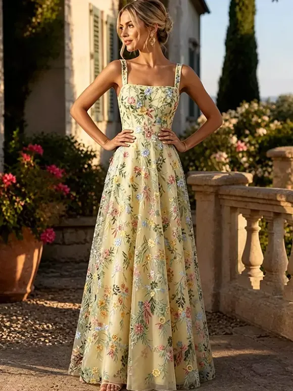 Robe longue en tulle brodée de fleurs bretelles spaghetti carrées coupe trapèze idéale pour une invitée de mariage ou une cérémonie.