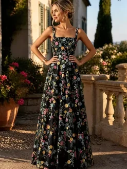 Robe longue en tulle brodée de fleurs bretelles spaghetti carrées coupe trapèze idéale pour une invitée de mariage ou une cérémonie.