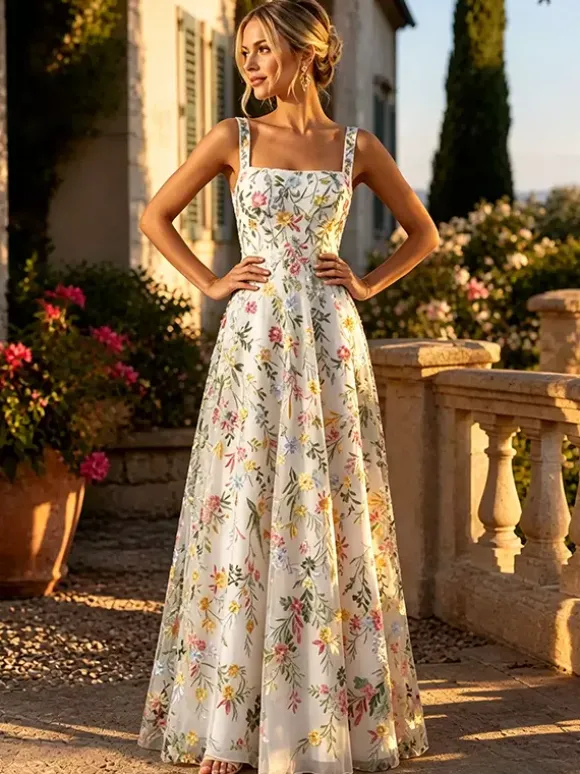 Robe longue en tulle brodée de fleurs bretelles spaghetti carrées coupe trapèze idéale pour une invitée de mariage ou une cérémonie.