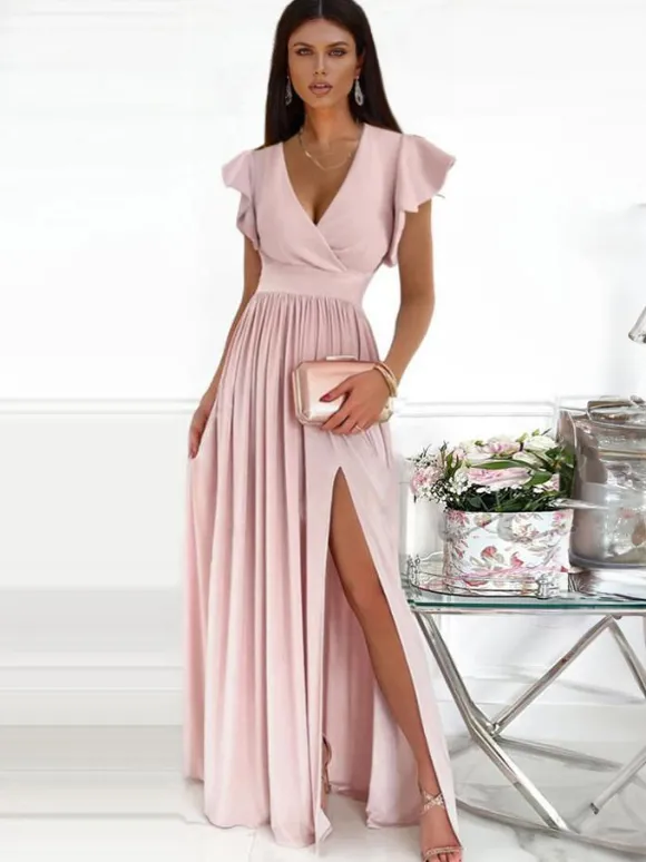 Robe Longue Femme Imprimé avec Manches Courtes Volantes à Col Décolleté en V Coupe Cintrée avec Fente Bicolores