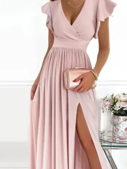Robe Longue Femme Imprimé avec Manches Courtes Volantes à Col Décolleté en V Coupe Cintrée avec Fente Bicolores