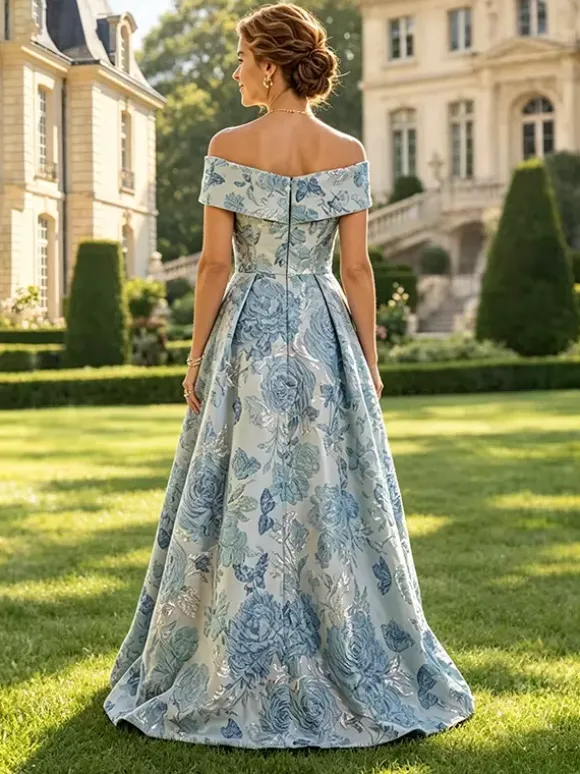 Robe longue fleurie pour la mère manches courtes coupe trapèze robe d'invitée